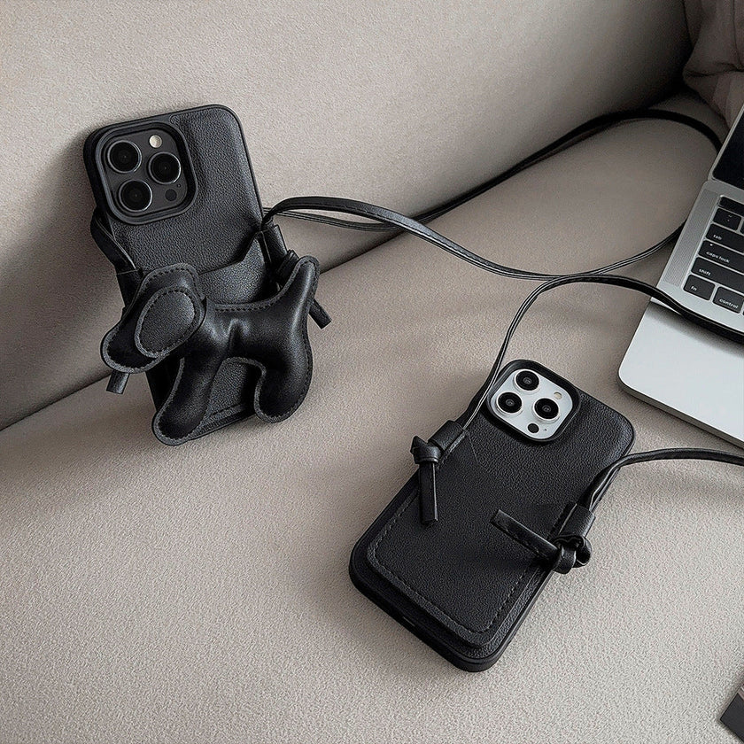 Black DIY puppy oblique span card bag for iPhone 16 mobile phone case iPhone17Pro max Internet celebrity 13 leather 15