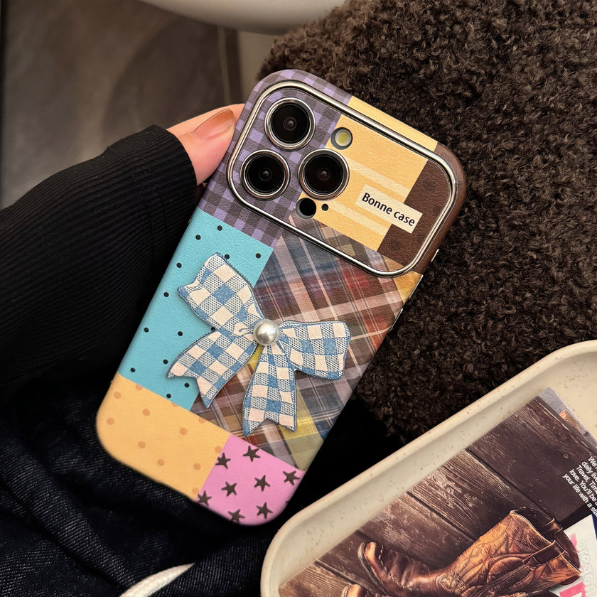 Applicable to iphone16 iPhone case 17promax color plaid splicing 15 three-dimensional bow 13 leather