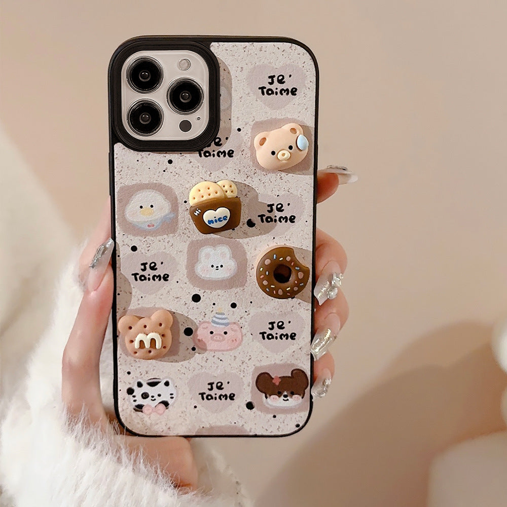 Cute bear Apple 16 mobile phone case 17promax leather pattern 15 suitable for iPhone13 three-dimensional biscuits 11 autumn