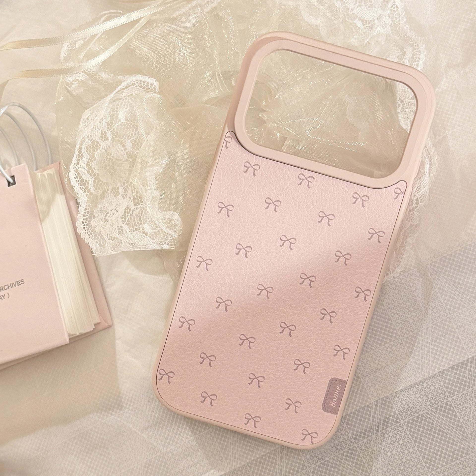 Pink bow leather phone case Apple 17promax for iPhone16 Korean 15 Huawei Samsung 14