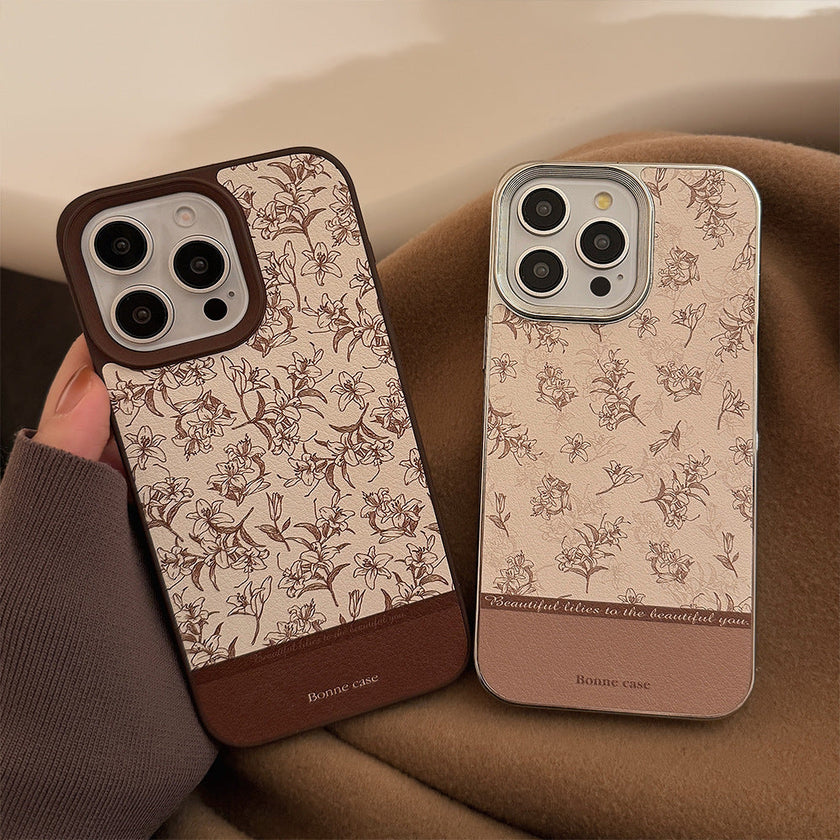 Ins Sketch Flower iPhone 16 Case 17Pro Max Leather 15 For iPhone13 Retro 11 Hard Case