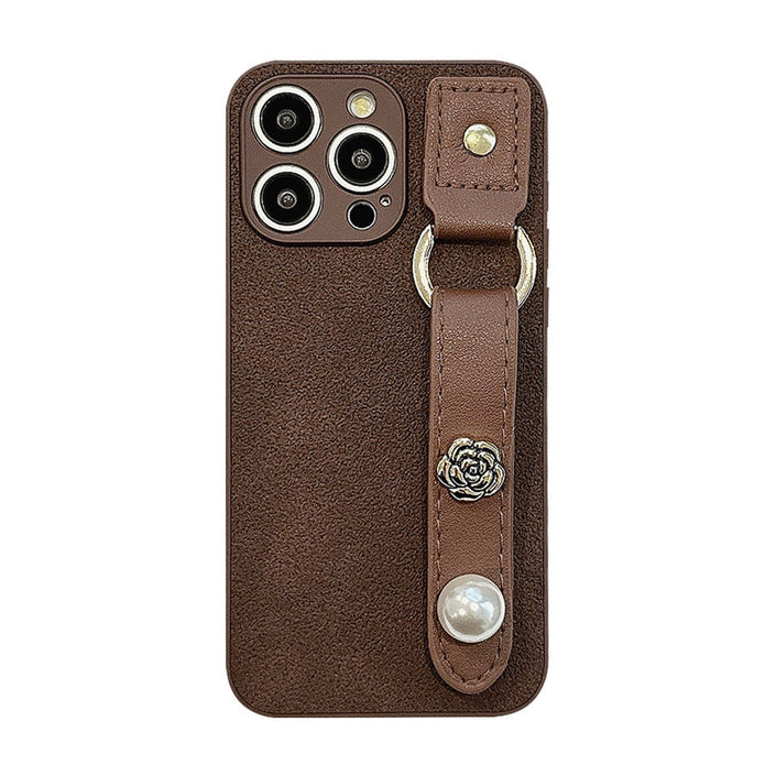 Camellia wristband iPhone15 iPhone case 14promax light luxury leather 13 suitable for 11 autumn and winter retro