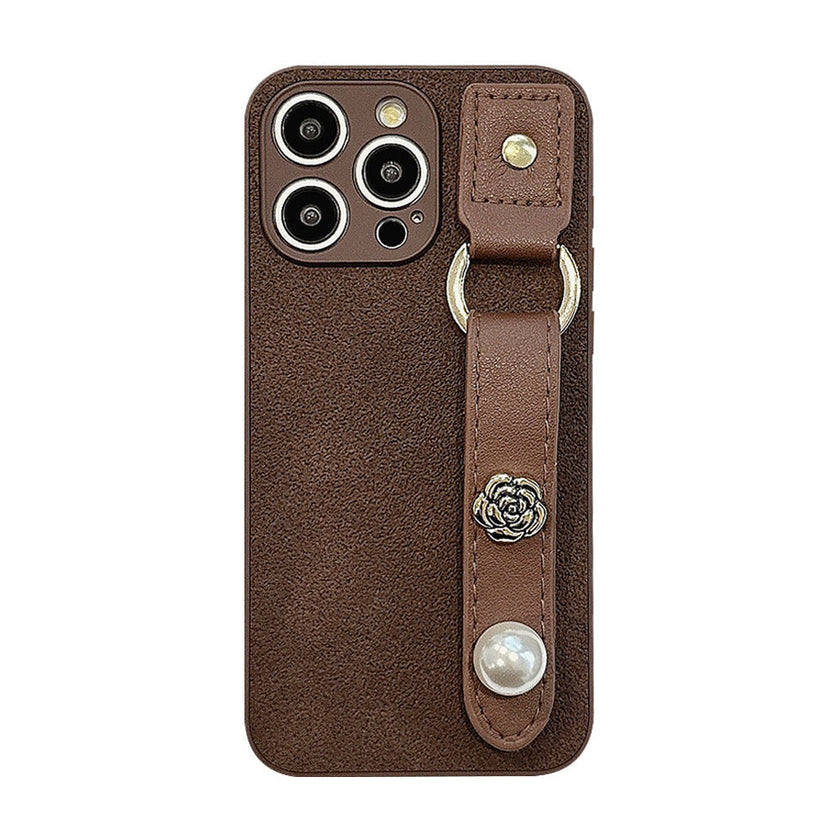 Camellia wristband iPhone15 iPhone case 14promax light luxury leather 13 suitable for 11 autumn and winter retro